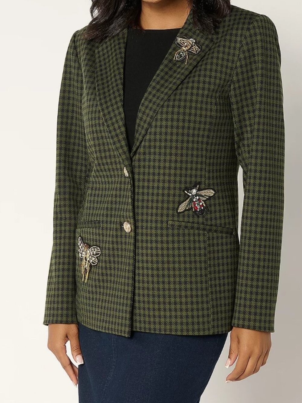 NEW Susan Graver Black and Olive Houndstooth Blazer with Insect Brooches SZ 1X